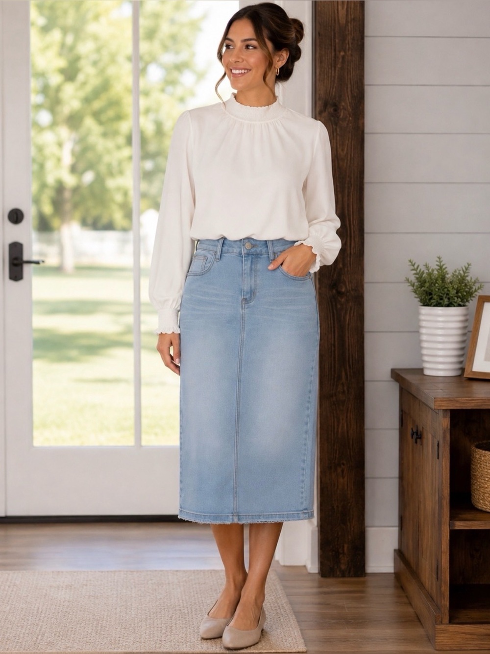 High-Rise Light Blue Denim Midi Skirt for Women
